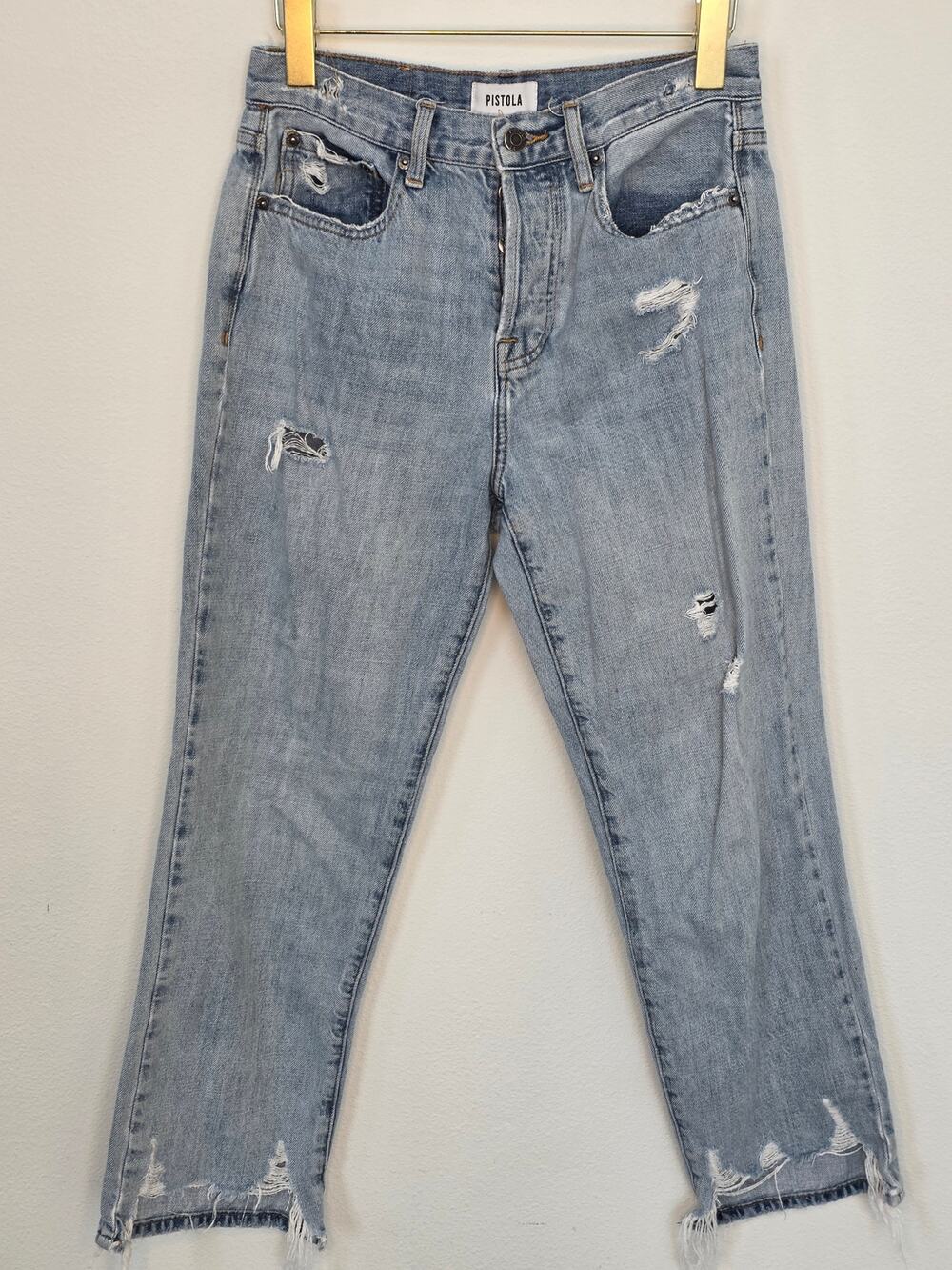 Pistola Los Angeles Distressed Light Wash Button Fly Straight Leg Jeans Women's